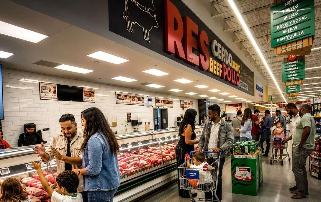 Families shopping in an independent grocery store